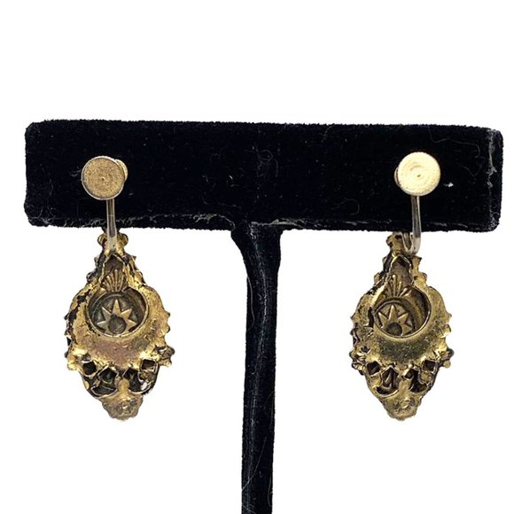 VINTAGE  RARE 1940s MCM Gold Tone Etched Boho Drop Earrings - Picture 2 of 9